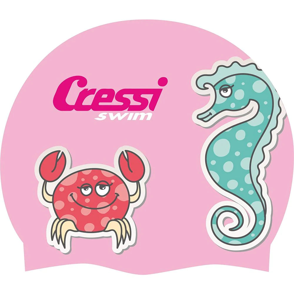 Cressi Junior Silicone Cap pink w/ crab & seahorse | Diving Sports Canada